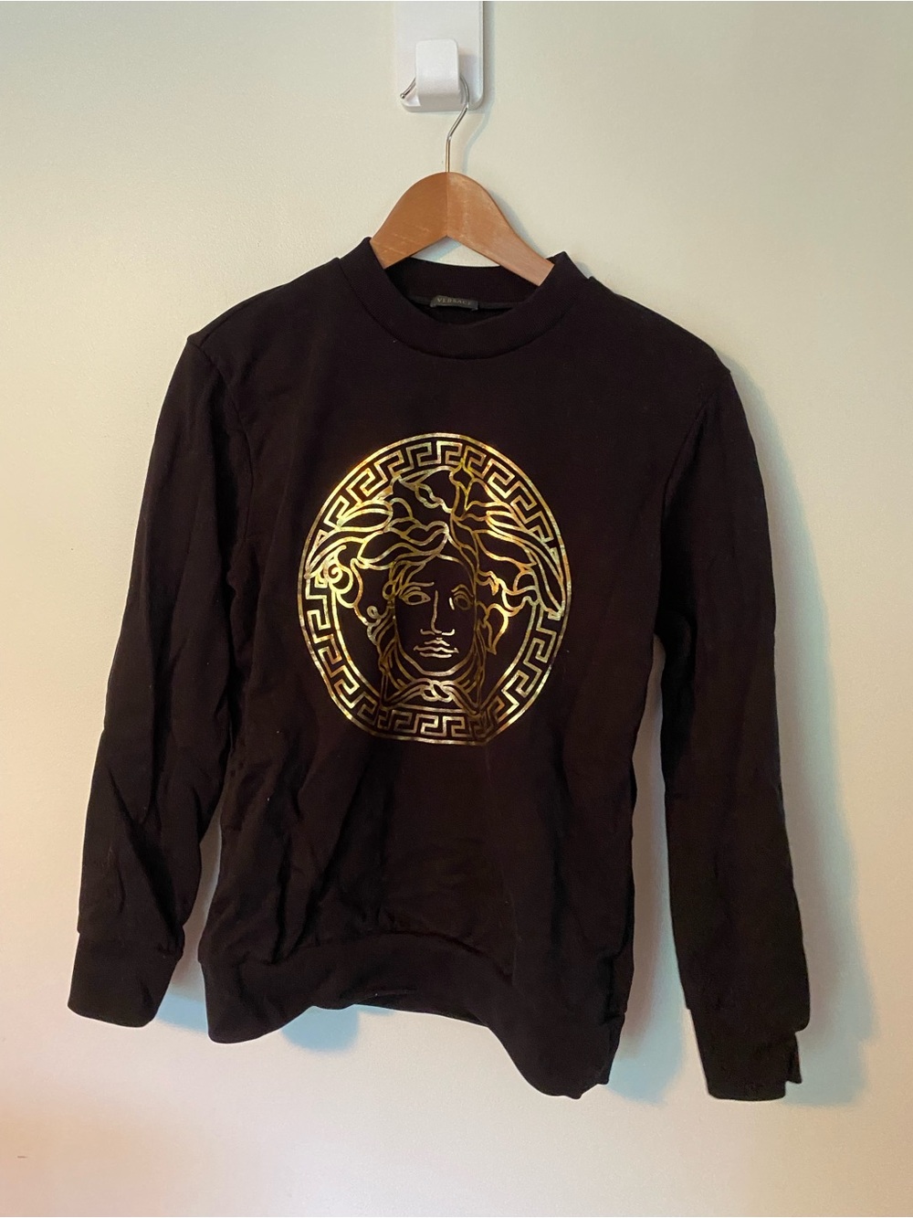 VERSACE Black Sweater with Gold Medusa Emblem